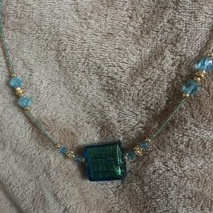 Blue Glass Pendant and Beaded Necklace